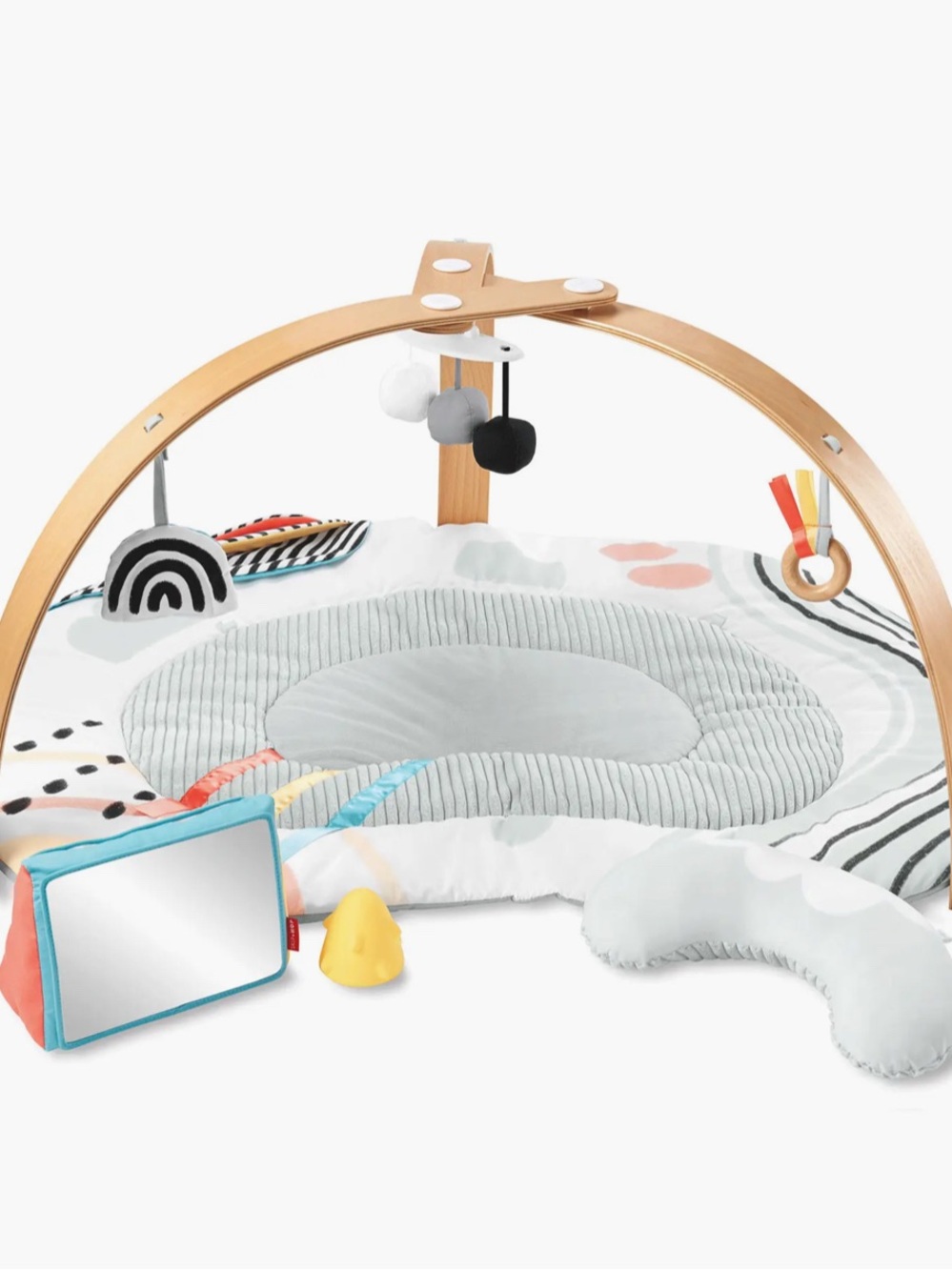 Skip Hop Wood Arch Play Gym with Gray Cushion and Multicolor Toys